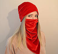 Женский комплект из шапки и шейного платка-маски из бархата. красный