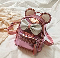 Маленький детский рюкзак Микки Маус с ушками и бантиком, мини рюкзачок для девочек блестящий с ушами Розовый