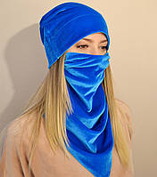 Женский комплект из шапки и шейного платка-маски из бархата. Голубой (бирюзовый)