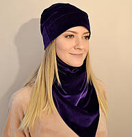 Женский комплект из шапки и шейного платка-маски из бархата. фиолетовый