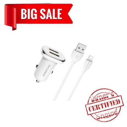 Автомобильное зарядное устройство Borofone BZ12 2 USB 2.4A Lightning белое, фото 2