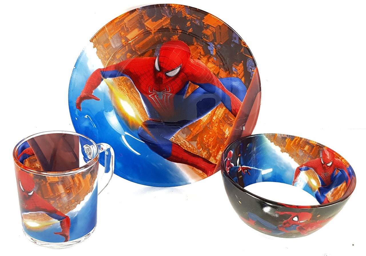 Дитячий набір скляного посуду для годування Людина павук (Спайдер мен) 3 предмета Metr+