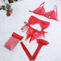 Комплект з панчохами та поясом мереживний універсальний червоний