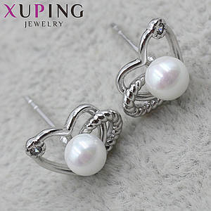 Серёжки женские медицинское золото Xuping Jewelry гвоздики,пусеты сердечки с жемчугом 24K