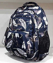 Рюкзак шкільний ортопедичний для дівчинки 4-11 клас синій тканинний з принтом листя два відділи та кишені Dolly 546