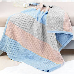 Дитячий в'язаний плед для новонародженого 70х90см з шапочкою Patchwork ТM PAPAELLA блакитний
