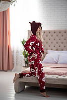 Женская пижама кигуруми бордовая с карманом клапаном, Пижамы тёплые для дома и сна на девушку стильные модные