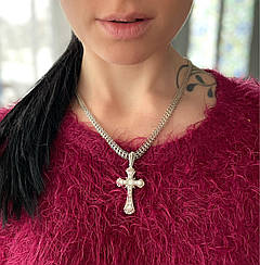 Хрест жіночий срібний з фіанітами родированый