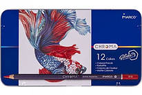 Олівці кольорові Marco Chroma 12 кольорів шестигранні металевий пенал 8010-12TN, 931343