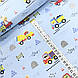 Бавовняна тканина Польська, ведмедики і жирафи в різнокольорових вантажних машинках на блакитному, фото 2