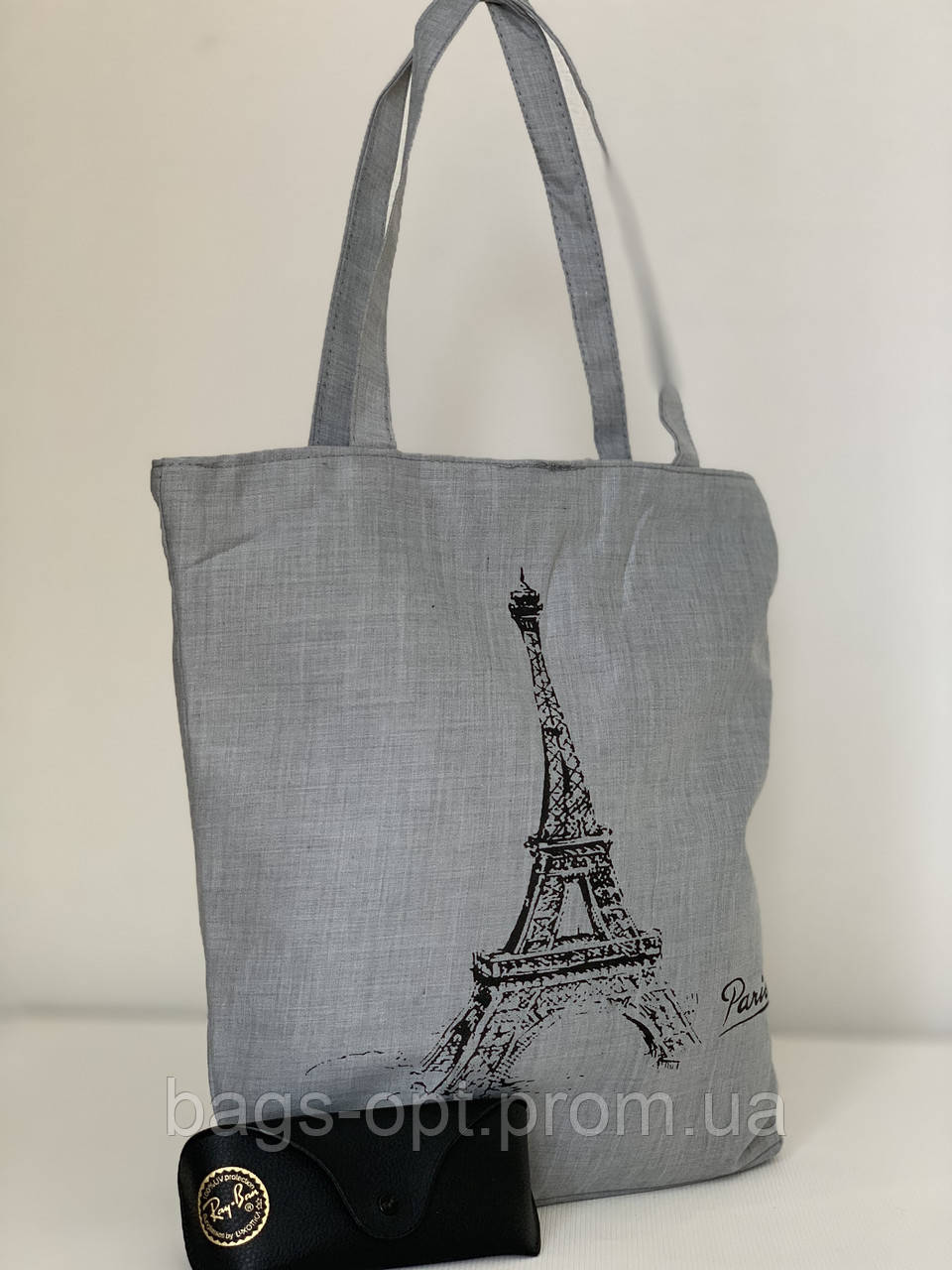 Тканинна сіра сумка з принтом Ейфелева Вежа, фото 1