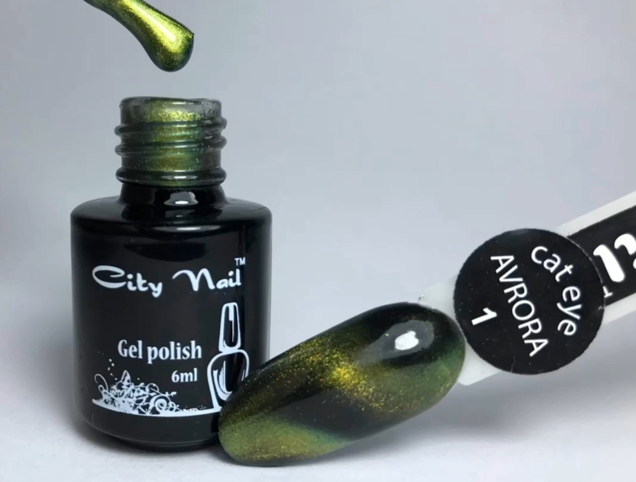 Жовто-Зелений гель лак Котяче око Аврора cat eye AVRORA City Nail №1 6мл, фото 1