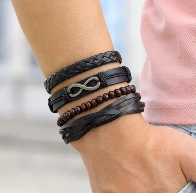 Набір шкіряних чоловічих браслетів — чоловічий браслет "Біскінченність", фото 1