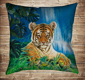 Подушка з 3D принтом Тигр, листя монстери і водоспад