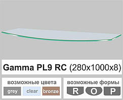 Поличка скляна настінна навісна радіусна Commus PL9 RC (280х1000х8мм)