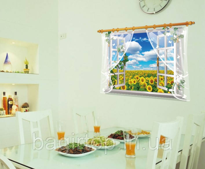 Декоративна 3Д вінілова наклейка стикер Вікно з соняшниками (розмір 90х60 см)