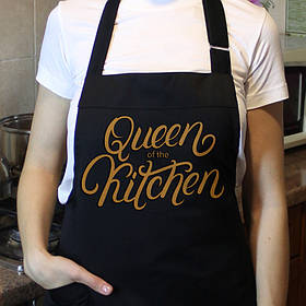 Фартушок із саржі (100% бавовна) з надруком "Queen of the kitchen"  чорний