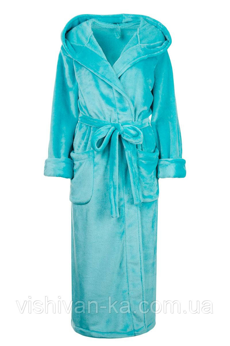 Теплий жіночий халат довгий з капюшоном блакитний