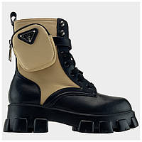 Женские ботинки Prada Boots Nylon Pouch Monolith Low Beige Black, черно-бежевые кожаные ботинки прада монолит