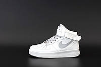 Высокие кроссы унисекс Nike Air Force 1. Найк Аир Форс 1 кожаные кроссовки унисекс белые с серым демисезонные.