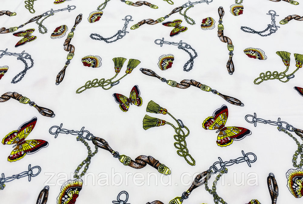 Тканина супер-софт білого кольору принт "Літні метелики", фото 1