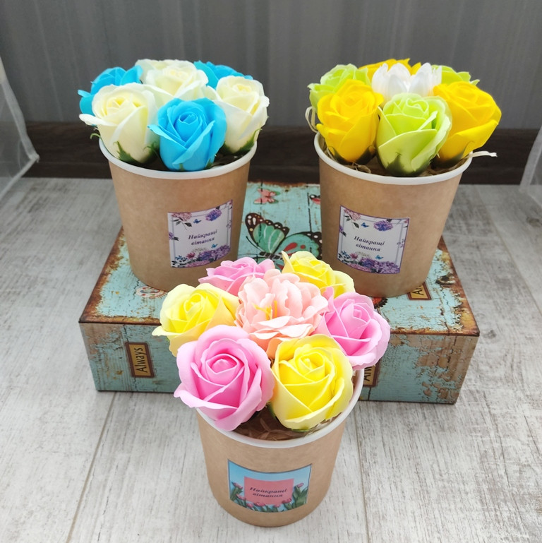 Мильний букет із 7 троянд . Букет із мила. Подарунок на 8 Березня, День народження, корпоративні подарунки, фото 1