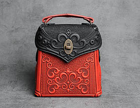 Шкіряний червоно-чорний рюкзак ручної роботи, сумка-рюкзак з авторським тисненням