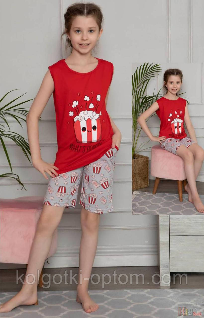 ОПТОМ Піжама шорти + майка з попкорном "What's poppin?" (164 см)  Minimoon 8695850566572, фото 1