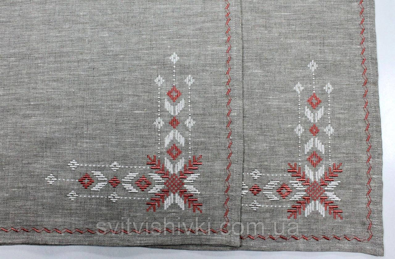Лляна вишита скатертина з червоною вишивкою (1,45м. × 1,35м.)