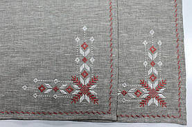 Лляна вишита скатертина з червоною вишивкою (1,45м. × 1,35м.)
