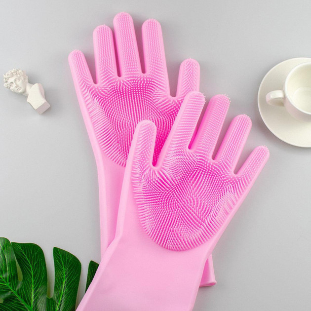 Силіконові рукавички Magic Silicone Gloves Pink для прибирання чистки миття посуду для будинку. Колір рожевий, фото 1