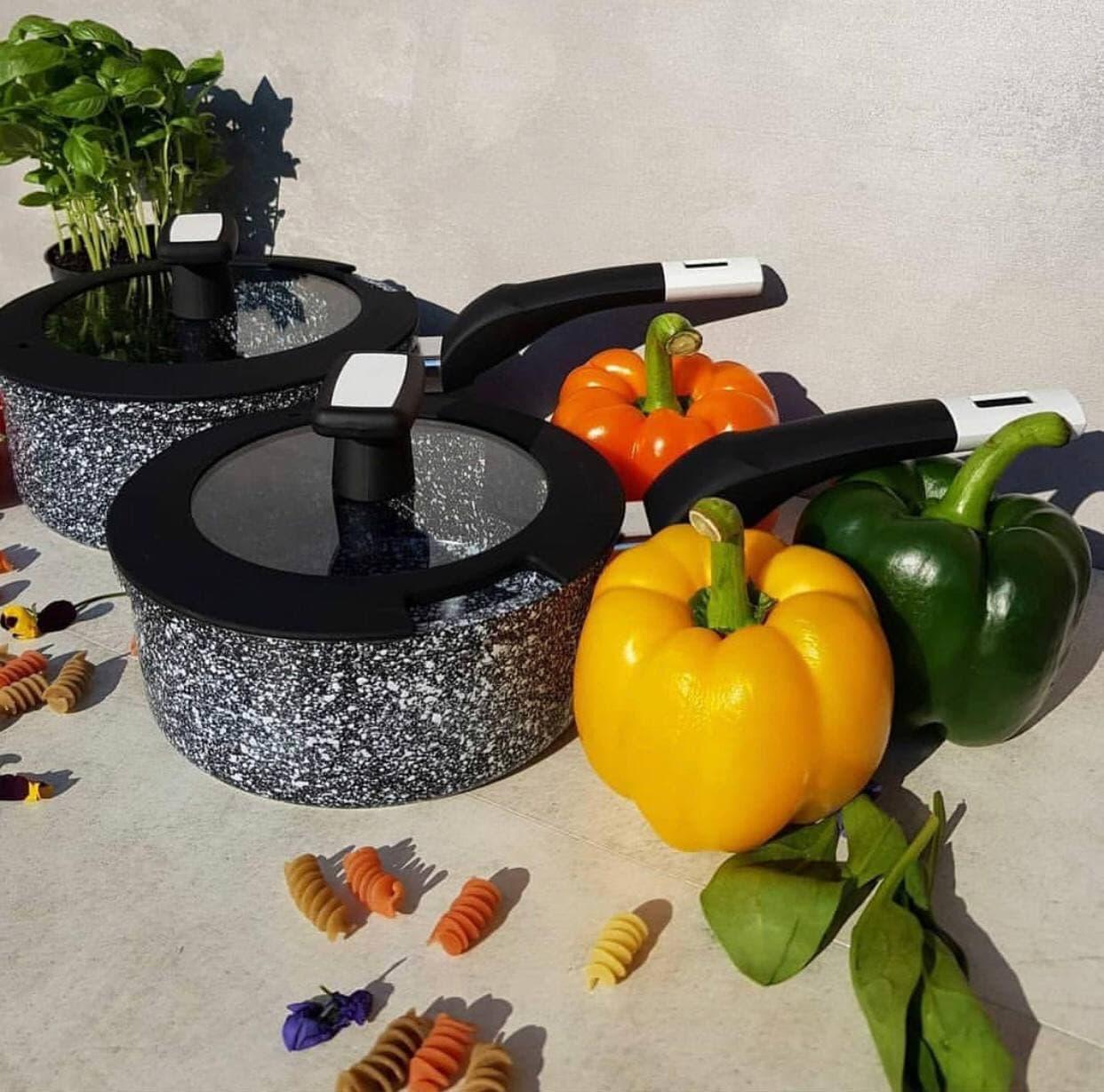 Ківш зі скляною кришкою гранітне антипригарне покриття 1.3 л Edenberg EB-3327 Сотейник індукційне дно, фото 1