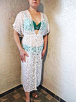 Супер- батал халат летний женский длинный белый, накидка гипюровая на купальник, раз. 10-12 XL72