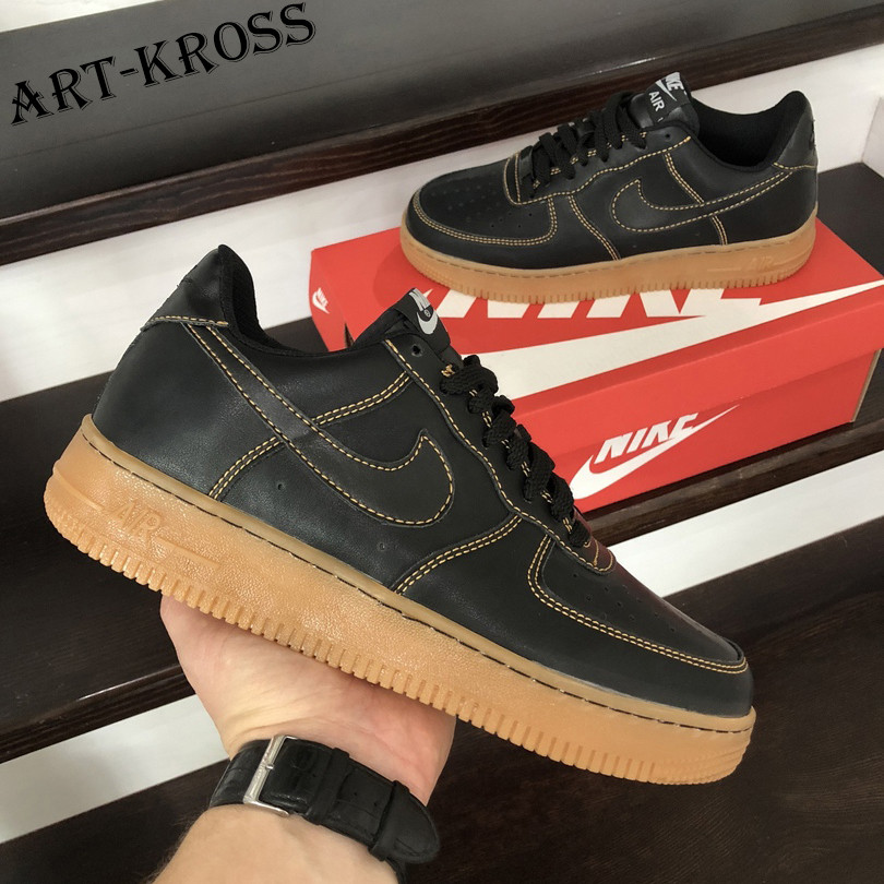 Чоловічі демісезонні кросівки Nike Air Force Af 1 шкіряні чорні з коричневим