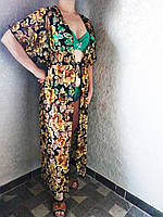 Яркая гипюровая женская длинная туника-халат черная с желтыми розами, накидка на купальник в пол раз. 2-3 XL