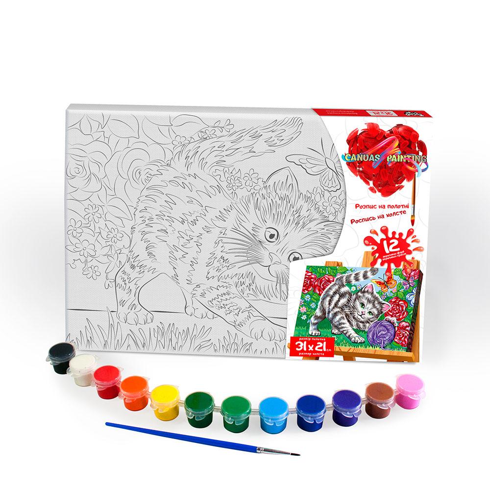 Розпис на полотні Canvas Painting Кошеня у квітах 21*31 см с.6 №1 Danko toys PX-06-08 розмальовка набір для дитячої творчості