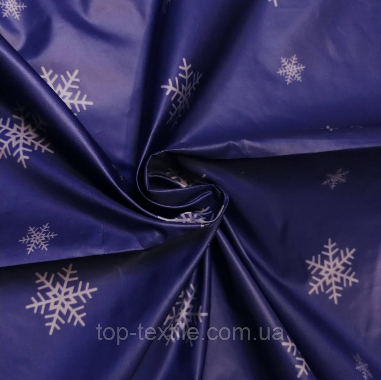 Плащівка лакє принт (принтована) сніжинки на темно-синьому