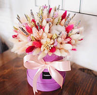 Коробка с персиковым лагурусом и сухоцветами Розовый