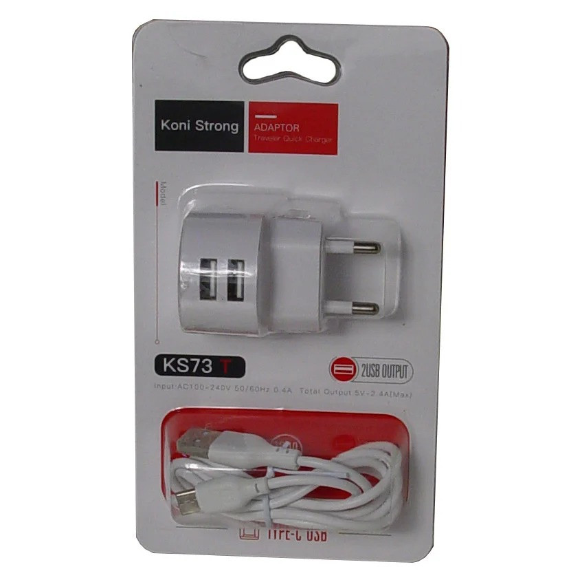 Адаптер мережевий KONI Strong з кабелем Type-C KS73T, білий