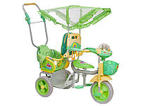 Дитячий двомісний 3-колісний велосипед для двійні "Пустотливий вітерець" з батьківською ручкою Зелений
