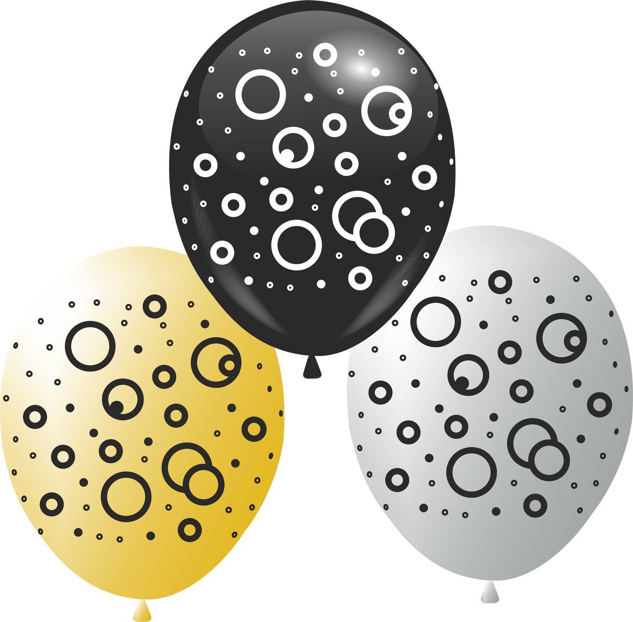 Кулі 12" Золото, срібло, чорні з мал. "Бульбашки", 4 стор., 100 шт