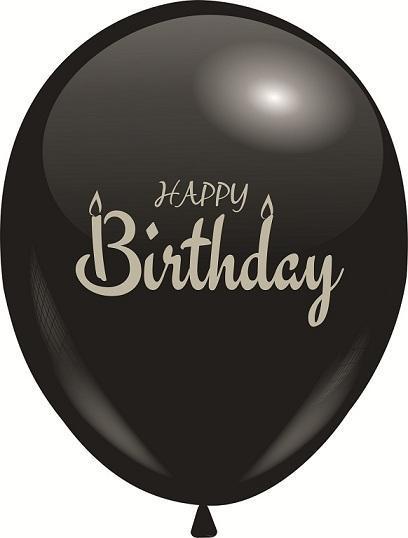 Кулі 12" Чорні з мал. "Happy Birthday" Срібна фарба 1 стор., 100 шт