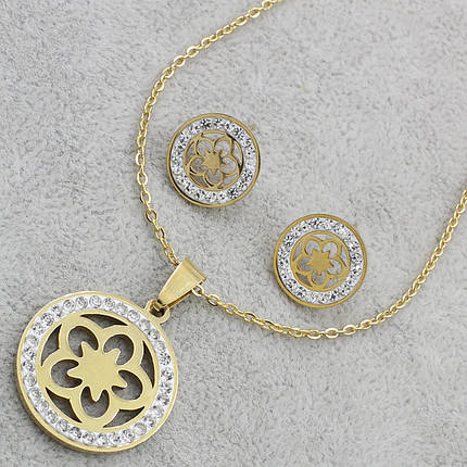 Комплект кольє та сережки жіночий із неіржавкої сталі Stainless Steel Квіточок золотистий 50 см, фото 1