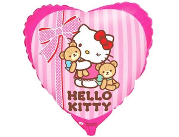 18" Серце фольговане "Hello Kitty" Кітті з ведмежатами Рожевий фон