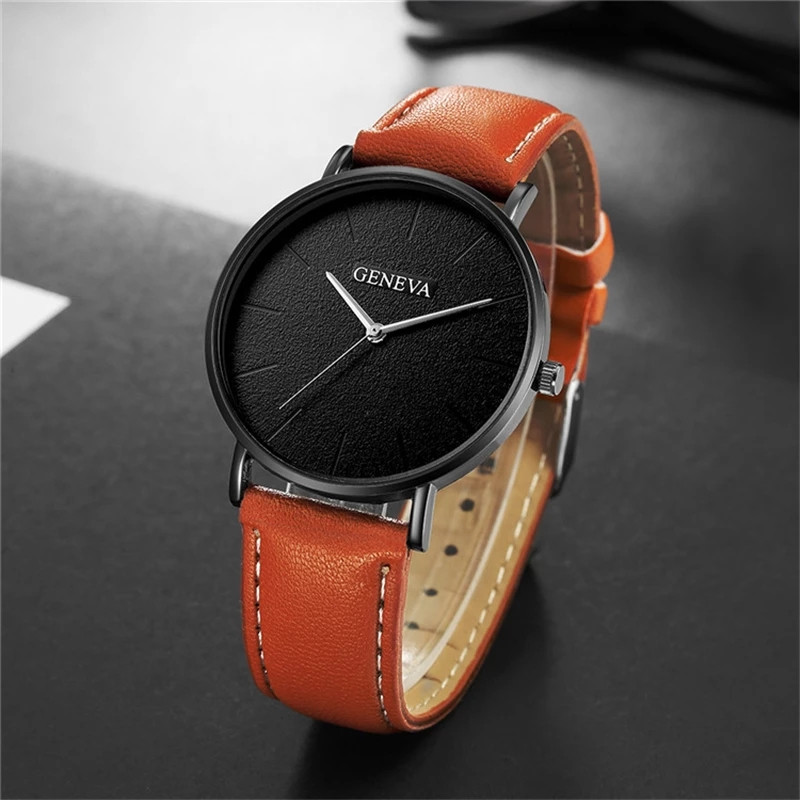 Жіночі годинники Geneva Classic steel watch чорні з коричневим ремінцем