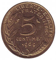 Монета 5 сантимов. 1966-2001 год, Франция