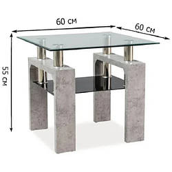 Квадратний кавовий стіл зі скла Signal Lisa D 60х60х55см з тонованою полицею на каркасі під бетон