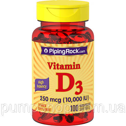 Вітамін Д-3 Piping Rock Vitamin D3 250 mcg (10000 IU) 100 капс., фото 1