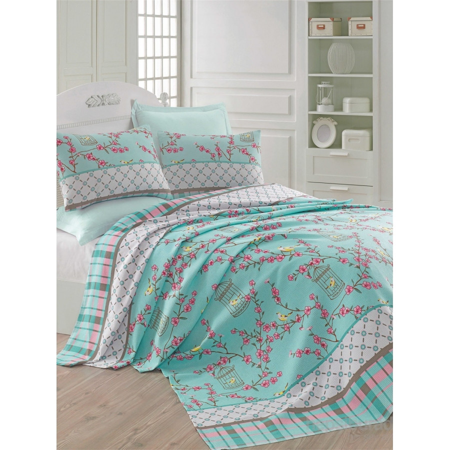 Покривало піке Eponj Home - Birdcage turkuaz бірюзовий вафельний 160*235