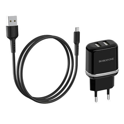 Сетевое зарядное устройство Borofone BA25A 2 USB 2.4A Micro чёрное, фото 2